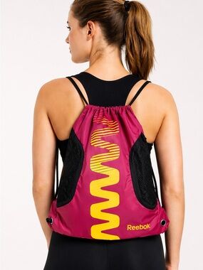 Reebok Pink Yellow Drawstring Backpack Gym Bag Cinch Sack Mesh Pockets Workout